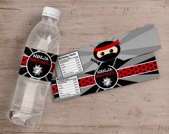 Printed Ninja Water Bottle Labels, Ninja Birthday Party Water Bottle Labels, Ninja Birthday Party Favors
