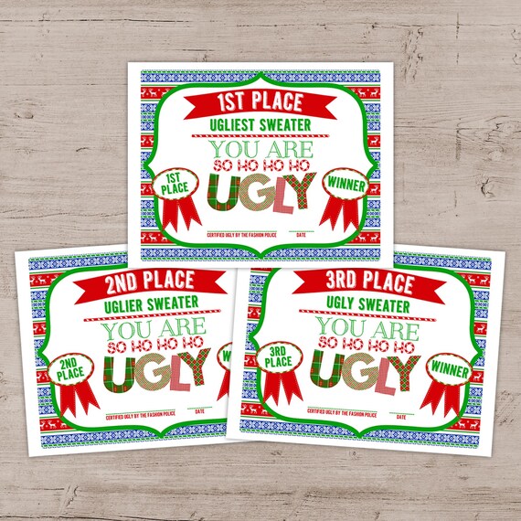 Ugly Sweater Party Awards: 1st, 2nd, 3rd Place Certificates (DIY Printable)
