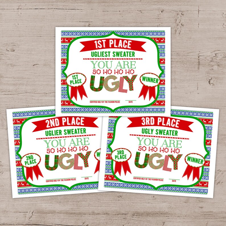Ugly Sweater Party Awards: 1st, 2nd, 3rd Place Certificates (DIY Printable) image 1