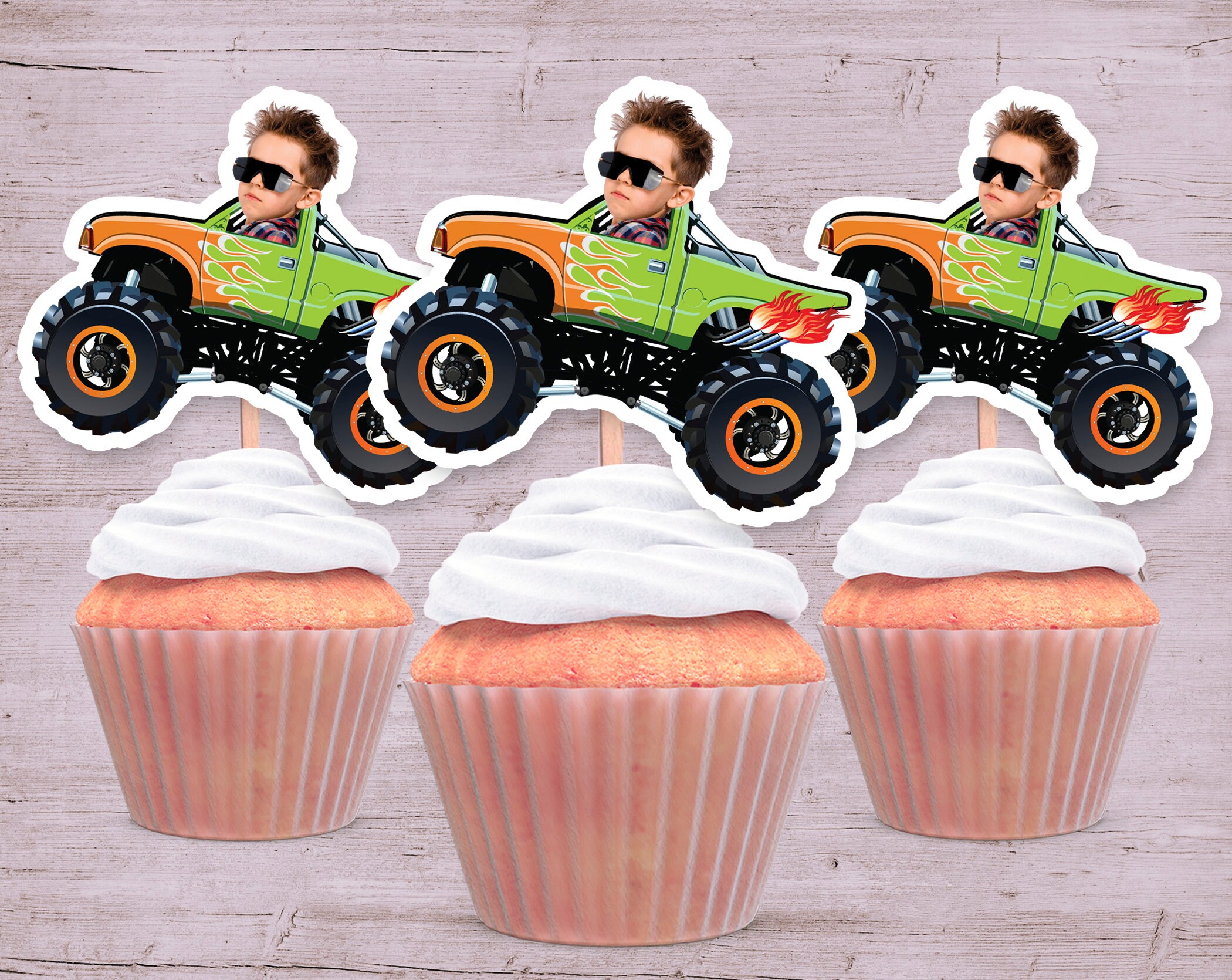 Monster Truck Party Photo Cupcake Toppers, Monster Truck Face Cupcake Toppers, Party Decorations, Monster Truck Party Favors