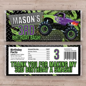 Monster Truck Candy Bar Wrapper, Monster Truck Chocolate Wrapper, Monster Truck Birthday Party Favors, Monster Truck Party, Printable