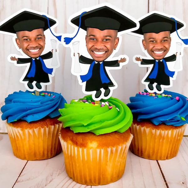 Toppers de cupcakes de fotos de graduación, toppers de cupcakes de cara de fiesta de graduación, decoraciones de fiesta de graduación, favores de fiesta de graduados, topper de imagen