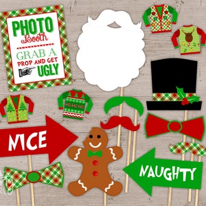 May include: A set of 10 Christmas photo booth props featuring a variety of festive designs, including a gingerbread man, a Santa hat, a bow tie, a moustache, and a sign that says "MICE".