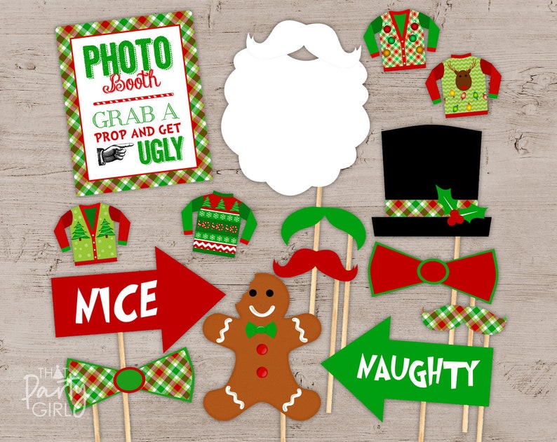 May include: A set of 10 Christmas photo booth props featuring a variety of festive designs, including a gingerbread man, a Santa hat, a bow tie, a moustache, and a sign that says "MICE".