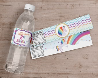 May include: Water bottle label with a rainbow unicorn design. The label says "Katherine's 8th Birthday".