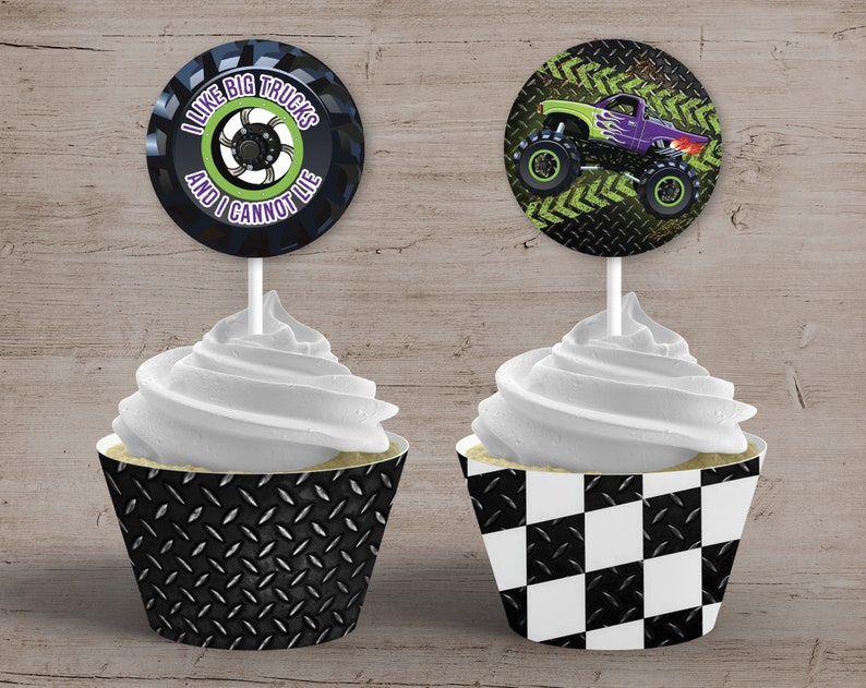 Monster Truck Cupcake Toppers, Monster Truck Birthday Party, Printable Cupcake Toppers and Wrappers, Monster Truck Party Favors Decorations image 1