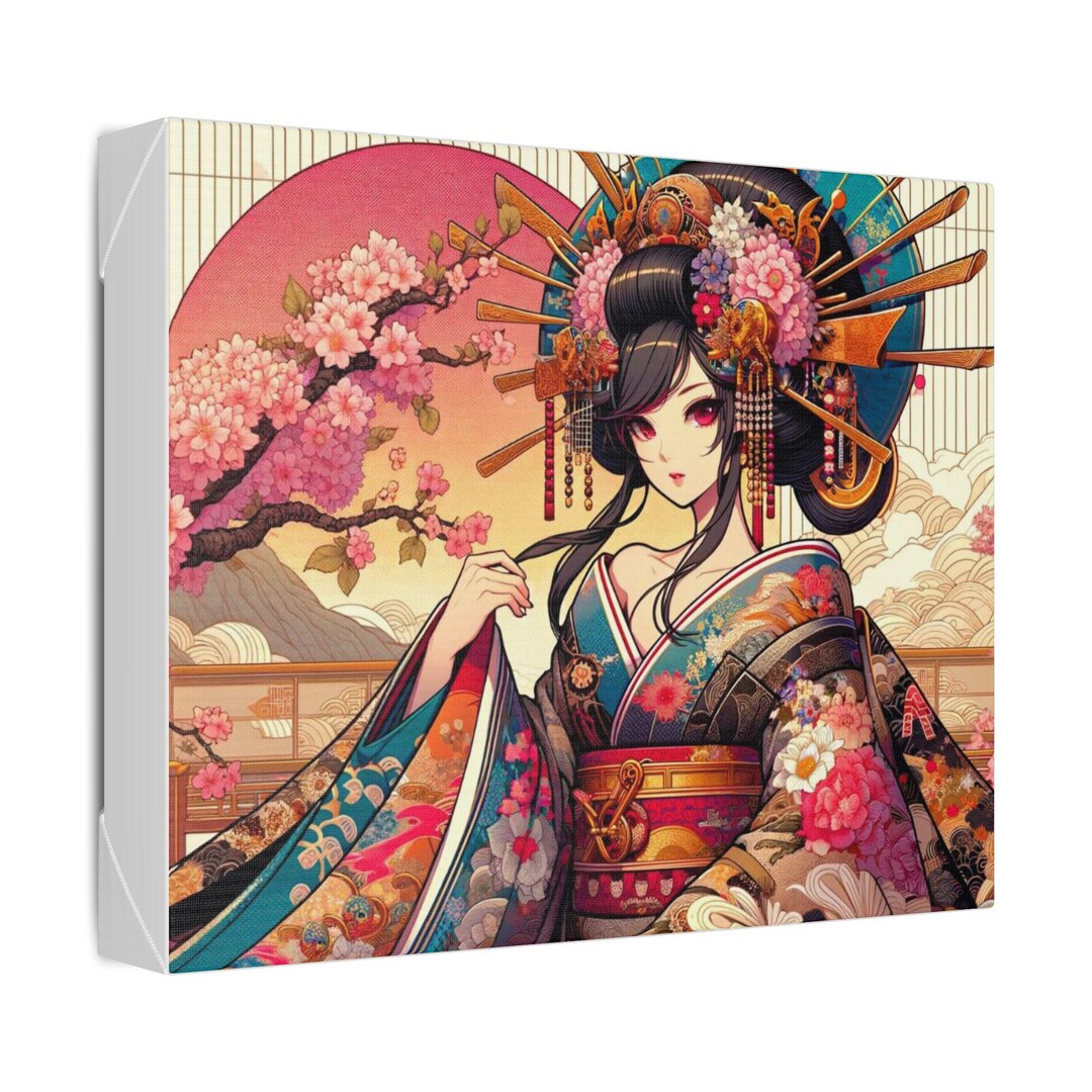 Japanese Oiran Canvas Wall Art Elegant Kimono Woman With Cherry ...