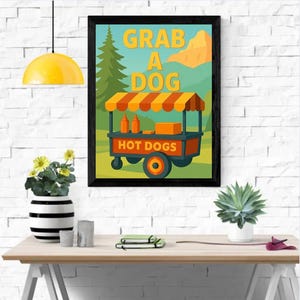 ホットドッグスタンドのアニメーションデジタルポスター - 「Grab a Dog」印刷可能なウォールアート | レトロなフードスタンドのイラスト | PDFをすぐにダウンロード