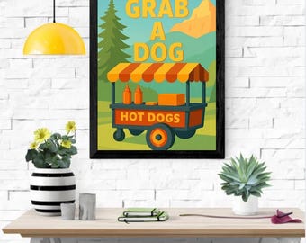 Póster digital animado de puesto de perritos calientes: "Agarra un perrito" (imprimible) / Ilustración retro de puesto de comida / Descarga instantánea en PDF