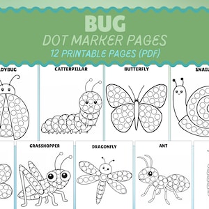 以下が含まれることがあります： てんとう虫、イモムシ、蝶、カタツムリ、ミツバチ、バッタ、トンボ、アリ、ダンゴムシなど、さまざまな虫が描かれた、白黒の印刷可能なドットマーカーページ。上部には「BUG DOT MARKER PAGES 12 PRINTABLE PAGES (PDF)」というテキストが表示されています。