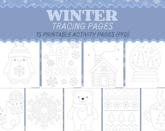 Puede incluir: Un conjunto de 15 páginas de calco invernales con ilustraciones de líneas punteadas de un pingüino, una cabaña, una bola de nieve, un oso, manoplas, copos de nieve y una taza. El texto dice WINTER TRACING PAGES 15 PRINTABLE ACTIVITY PAGES (PFD).