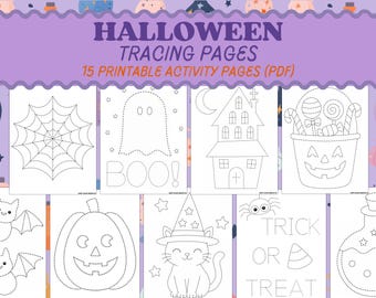 May include: A set of 15 printable Halloween tracing pages in PDF format. The pages feature dotted outlines of a spider web, a ghost with the text BOO!, a haunted house, a jack-o'-lantern candy bucket, bats, a pumpkin, a cat in a hat, and TRICK OR TREAT.