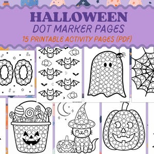 Op de afbeelding: Een verzameling van 15 printbare Halloween dot marker activiteitenpagina's met zwart-witte lijntekeningen, waaronder de tekst BOO, vleermuizen, een geest, een spinnenweb, een spookhuis, een snoepemmer, een kat met een hoed en een pompoen.