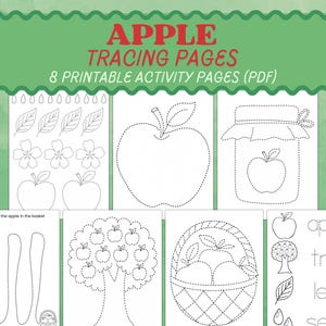 Op de afbeelding: Een set van acht printbare Apple Tracing Pages in PDF-formaat. De pagina's bevatten zwart-wit illustraties met stippellijnen van appels, bladeren, bloemen, een pot, een boom en een mand, samen met de tekst Apple Tracing Pages 8 Printable Activity Pages.