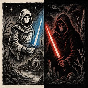 以下が含まれることがあります： 白と黒のイラストで、2人の人物が描かれている。一人は白いフード付きのローブを着て青いライトセーバーを持ち、もう一人は黒いフード付きのローブを着て赤いライトセーバーを持っている。