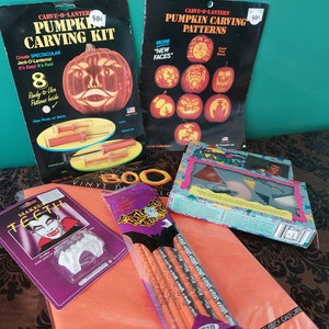 Fun Vintage Lot of 1990s Halloween Goodies 90s Aesthetic Tablecloth Pencils NOS Pumpkin Carving Kit Book Makeup Gift Free Shipping!