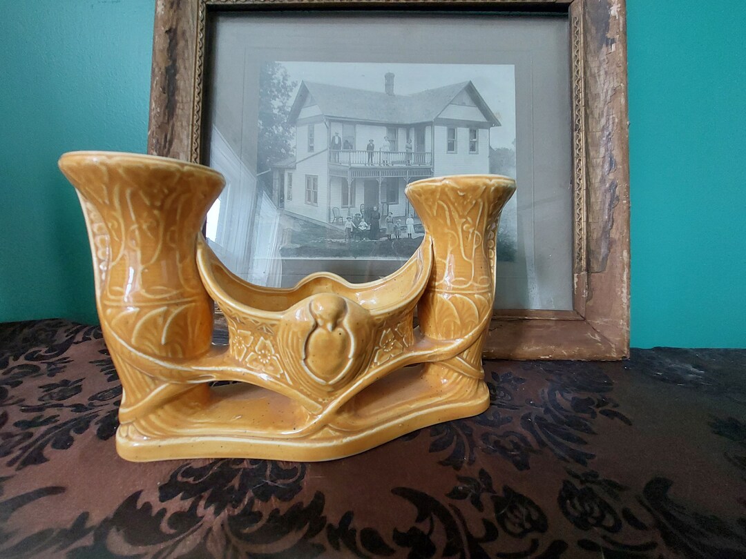 Vintage Art Nouveau Style Bird Yellow Ceramic Candle Holder