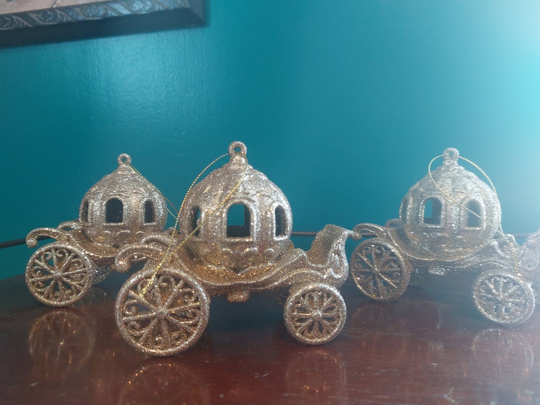 Vintage Gold Glitter Cinderella Carriage Christmas Ornaments Set of 3