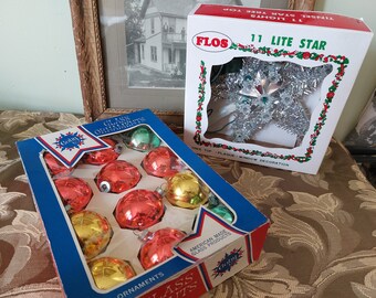 Vintage Christmas Glass Ornaments & Star Tree Topper Shiny Decor