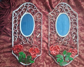Cottage Roses! Pair of Vintage Tole Metal Toleware Mirror White Red Cottagecore Romantic Shabby Chic Italian Wall Hangings Decor Mid Century