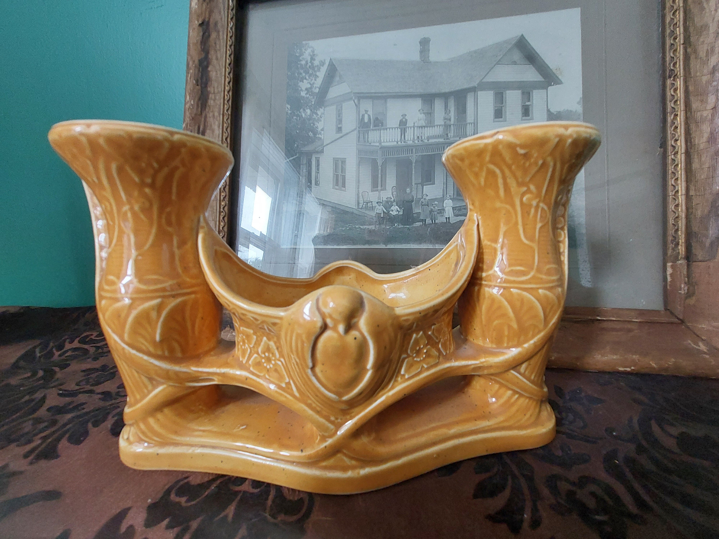 Vintage Art Nouveau Style Bird Yellow Ceramic Candle Holder