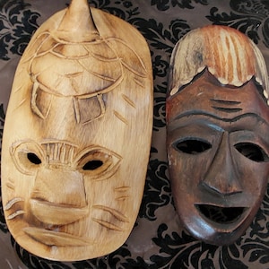 Vintage Pair of Tribal Masks Antigua Fiji Wooden Ethic Wall Hangings Décor Free Shipping!