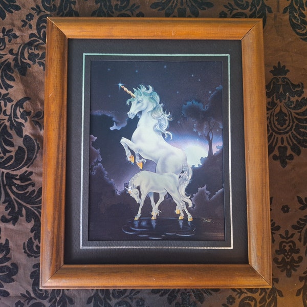 90s Unicorn Dreams! Vintage Shiny Foil Fantasy Framed Art Wall Hanging Fairycore Decor Horse 80s 1980s 1990s Bedroom Free Shipping!