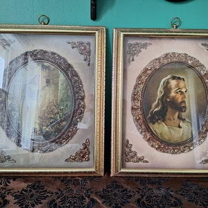 PICK ONE Vintage Ornate Gold Framed Religious Jesus Framed Wall Art Painting 3D Shadow Box Kitsch Catholic Decor Free Shipping!