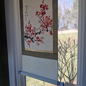 Chinese Paper Scroll Ink Brush Art Gold Framed Black Asian Chinoiserie Decor Wall Hanging Cherry Blossom Blue & White Porcelain Knobs