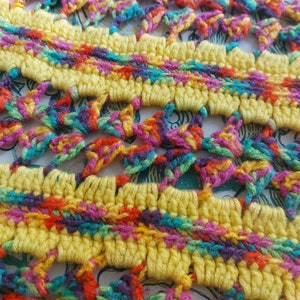 Amazing Psychedelic Colorful Yellow Crocheted Crochet Lap Quilt Crib Blanket Afghan Knit Knitted 1970s Hippy Free Shipping!