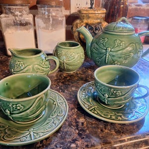 Charmed! Vintage World Market Dragonfly Teapot Saucers Teacups Creamer Green Portugal Portugese Majolica Witchy Decor Fairycore Whimsigoth