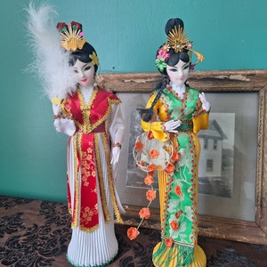 PICK ONE Beautiful Vintage Cloth Asian Doll Chinoiserie Decor Geisha Red Green Gold Glam Feathers Free Shipping!