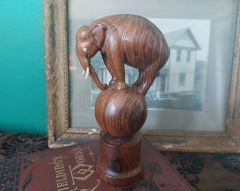 Unusual Mid Century Wood Carved Elephant on Ball Figurine Statue Wooden Circus Decor Free Shipping!