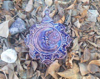 Faerie Hollow Handmade Whimsigoth Moon Ornament Goth Christmas Celestial Ceramic Wicca Pagan Altar Blue Purple Decor Witchy Free Shipping!