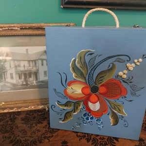 Gorgeous Vintage Blue Rosemaling Trunk Box Norwegian Norway Scandinavian Storage Chest Decor Red Green Free Shipping!