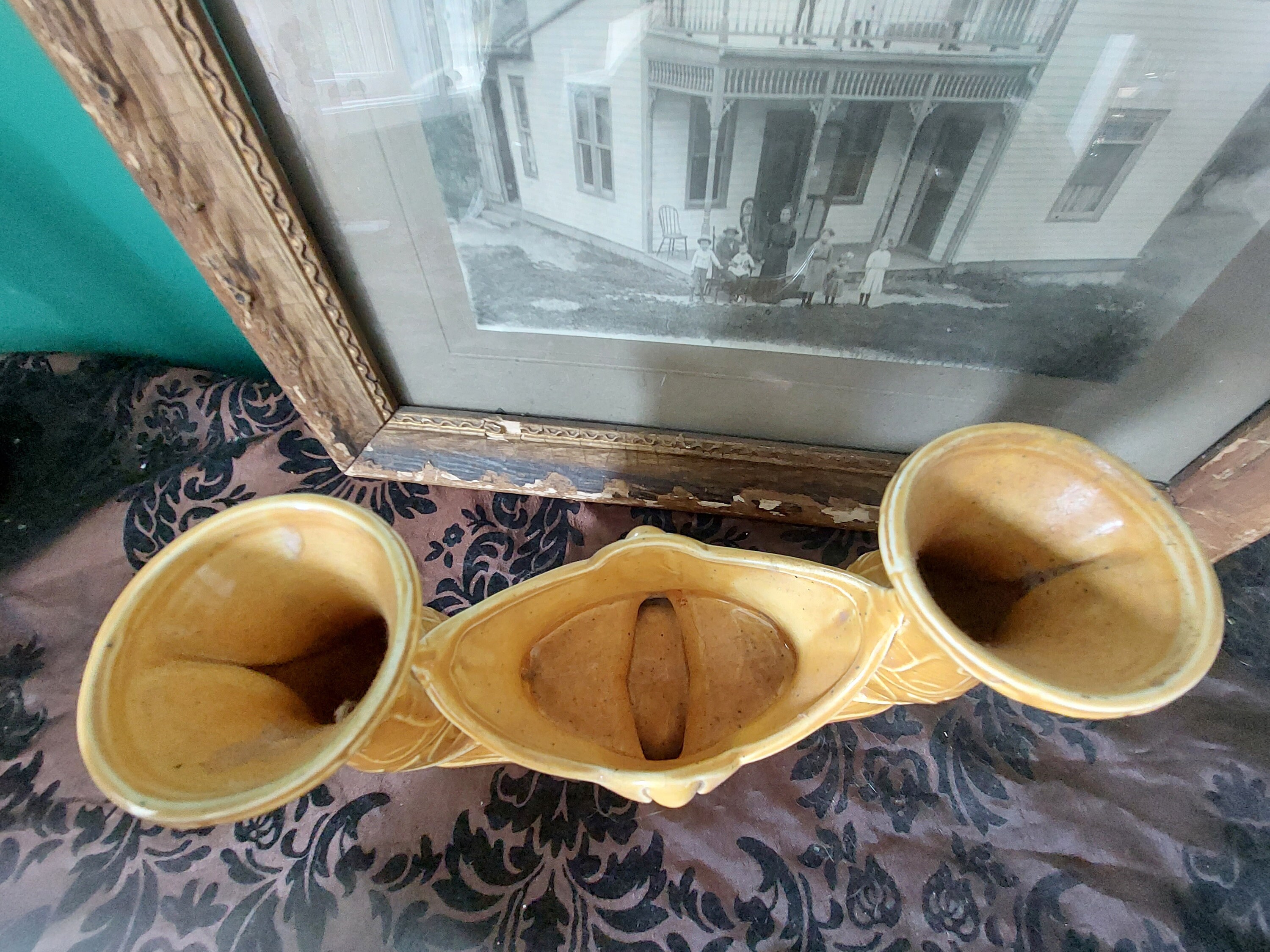 Vintage Art Nouveau Style Bird Yellow Ceramic Candle Holder