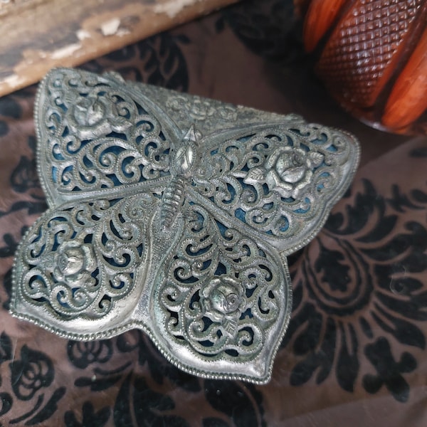 Vintage Ornate Butterfly Casket Filigree Silver Tone Jewelry Trinket Box Holder Goth Altar Haunted Music Boudoir Witchy Decor Free Shipping!