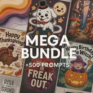 500 AI Prompt Mega Bundle, Midjourney Firefly Prompt Pack, Logo T-shirt Interior Art Generator, Kawaii Holiday Seamless Design Set