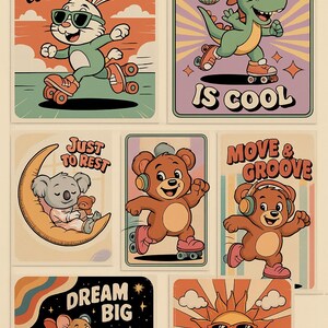 Juego de pósteres retro para habitación infantil, arte mural de dibujos animados de los años 70, estampados de animales adorables, arte digital de estilo vintage para decorar la sala de juegos o la guardería.