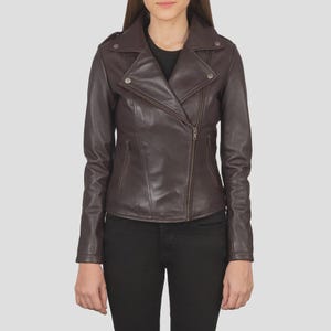 Blouson en cuir marron classique pour femme, vêtements d'extérieur zippés d'inspiration vintage, style moto en cuir véritable avec col, cadeau pour elle !
