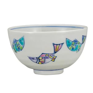 Handmade Kutani-yaki Rice Bowl with Fish Motif | Japanese Porcelain Art Bowl | Gift from Japan