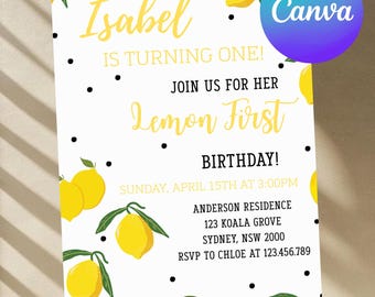 Lemon First Birthday Invitation | Lemon 1st Birthday | Editable Canva Template | Summer Citrus Party | Digital Download Invite
