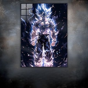 Arte de pared de metal de Goku invencible / Decoración de anime Ultra Instinct / Póster con impresión UV personalizado / Regalo personalizado para habitación otaku para fanáticos de DBZ / Idea de regalo