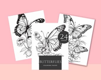 May include: Three coloring pages featuring detailed butterfly illustrations with floral accents. The central page displays the text "BUTTERFLIES COLORING PAGES" and "24 PAGES" on a black banner. The images are in black and white.