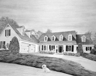 Custom Home Drawing From Your Photo -  Original House Pencil Landscape Sketch Art From Picture