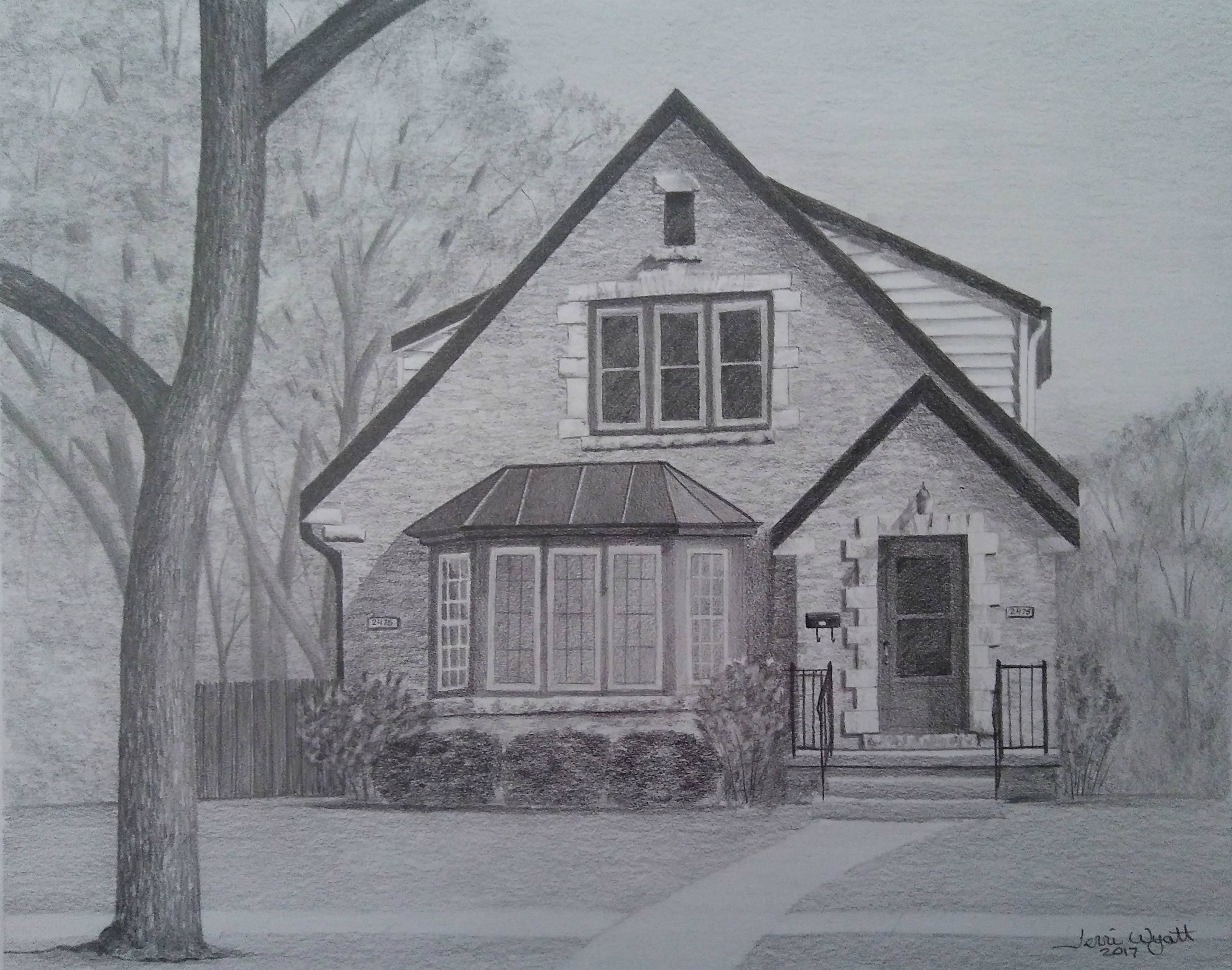 pencil drawing women house old