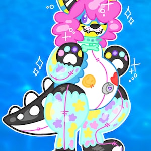 May include: A vibrant cartoon illustration of a furry creature in blue, yellow, and pink. The creature has a white belly with a heart and button, and its limbs are decorated with flowers and paw prints. The background is a bright blue.