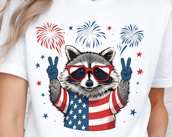 Patriotic Raccoon Shirt, 4th Of July Animal Shirt, Funny USA Raccoon Tee, American Flag Peace Sign Shirt, Independence Day Graphic T-Shirt