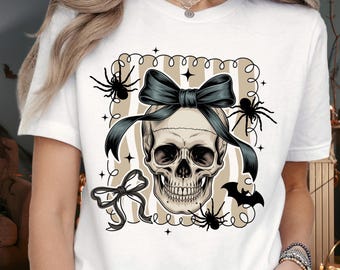Cute Gothic Skull Shirt, Halloween Bow Skull Tee, Spooky Aesthetic T-Shirt, Pastel Goth Shirt, Creepy Cute Spider Skeleton Top