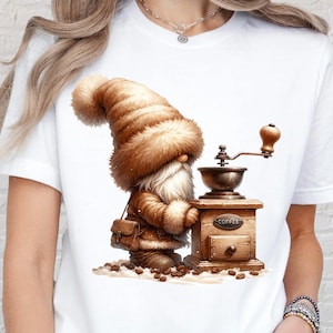Gnome Coffee Shirt, Holiday Coffee Lover Shirt, Coffee Gnome Tee, Grinder-Snowy Gnome Tee, Gnome Barista Top, Coffee Lover Gift Tee